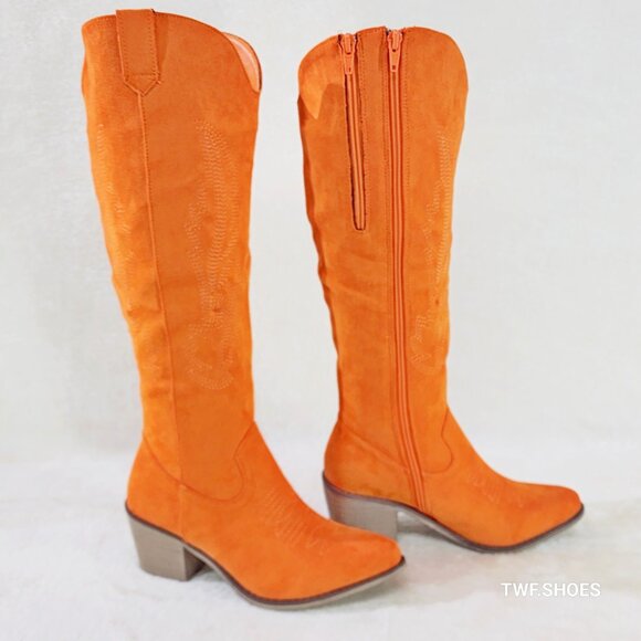 Wild Ones Orange Faux Suede Country Western Cowgirl Knee Boots - Picture 6 of 15